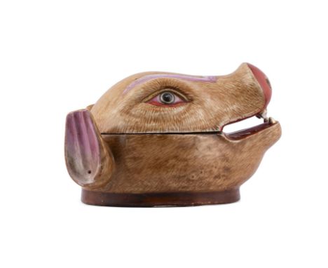 A RARE CHINESE EXPORT 'FAMILLE-ROSE' BOAR'S HEAD TUREEN AND COVER, China, 18th centuryModelled as the head of a wild boar loo
