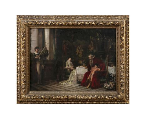 ATTRIBUTED TO FERDINAND SCHNEIDER (1814-1897)  Interior scene with family enjoying lute music Signed lower left Oil on canvas