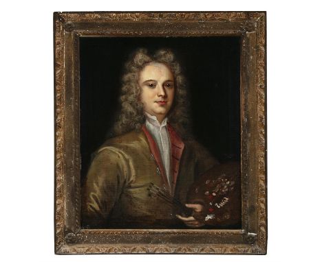 ENGLISH SCHOOL&nbsp;18TH CENTURYPortrait of an artist in olive green overcoat and holding palette with brushes, half lengthSi
