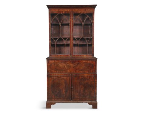 A GEORGE IV INLAID MAHOGANY SECRETAIRE BOOKCASE,the moulded dentil cornice above twin astragal doors, opening to a shelved in