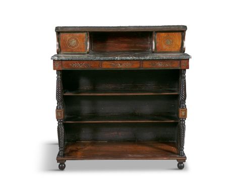 AN IRISH REGENCY ROSEWOOD AND BRASS INLAID CHIFFONIER, the superstructure with a pierced three-quarter gallery, the marble to