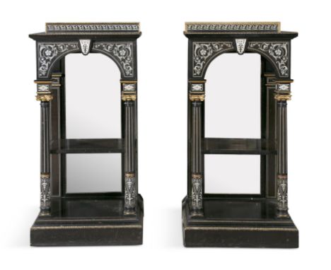 *A PAIR OF VICTORIAN IVORY INLAID AND GILT METAL MOUNTED EBONY CONSOLE TABLES,of upright rectangular form, each with raised g