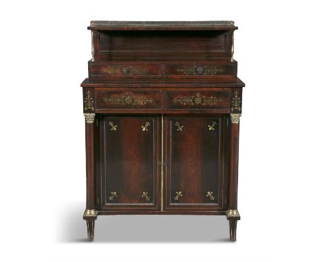 AN IRISH LATE REGENCY ROSEWOOD AND BRASS INLAID CHIFFONIER,the superstructure with a pierced three-quarter gallery and two dr