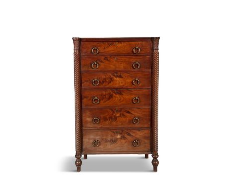 AN IRISH GEORGE IV MAHOGANY TALLBOY CHEST POSSIBLY CORK CIRCA 1820of upright rectangular form, fitted with six long graduated