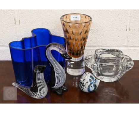 An Alvar Aalto (Swedish) design blue glass 'Savoy' vase, 16 cm high to/w a Harrachov (Czech) brown bubble vase by Milan Metel