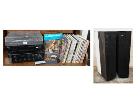 A pair of Goodmans Dimension 8 60 watt white lacquered pillar speakers, to/w a Pioneer PL-110 turntable, Sony 530S amplifier,
