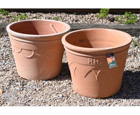 Two large RHS terracotta arch pattern garden planter pots, 30 cm h, new unused (2)