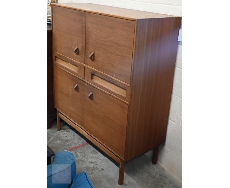 H McIntosh - A mid century Dundas teak drinks/cocktail cabinet with cupboards and two central drawers on turned legs, 110 x 4