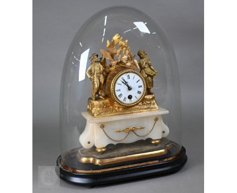A 19th century gilt metal and alabaster mantel clock under glass dome, 44 cm high