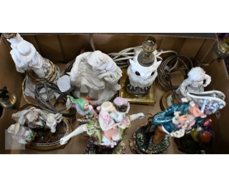Five 19th century ceramic figures and groups, converted as table lamps, to/w three other figures and a bird (box)