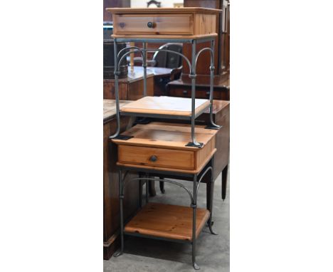 A pair of Ducal pine and wrought metal bedside tables, 48 x 48 x 66 cm