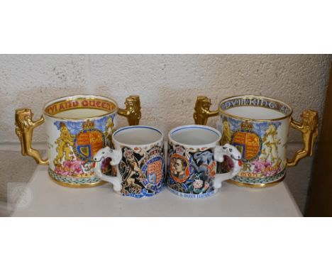 Two 1937 Coronation mugs for Edward VIII and George VI, designed by Dame Laura Knight, to/w two limited edition Paragon china