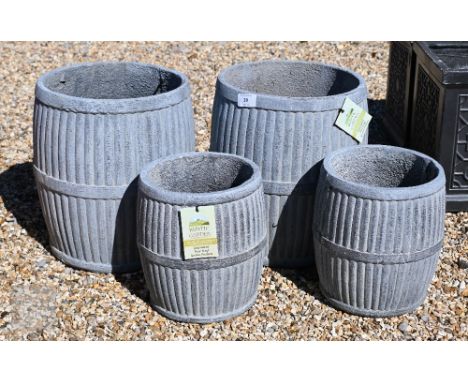 A pair of medium churn galvanized style planters, 32 cm h to/w a matching smaller pair, 22 cm h, new old stock (4)