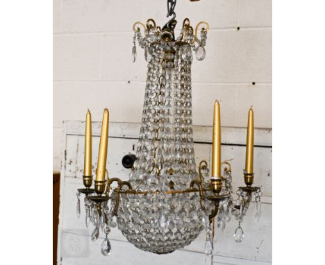 A Vintage French Empire style gilt metal and crystal strung 5 branch chandelier, 60 cm