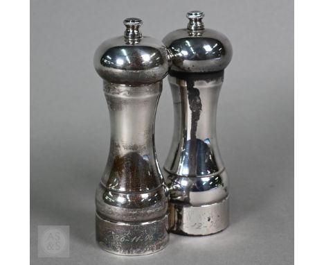 A pair of silver baluster salt and pepper mills, AJ Poole, Birmingham 1996, 15cm high significant heavy tarnish
