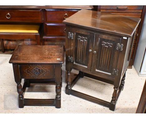 A linenfold carved oak two door side cabinet to/w carved oak box seated stool and drop leaf side table with slide and turned 