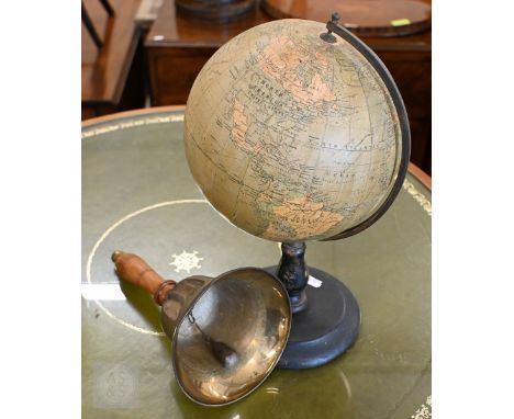 A vintage Philips' British Empire Globe 19cm diam on metal and turned wood base, to/w a brass hand-bell (2)