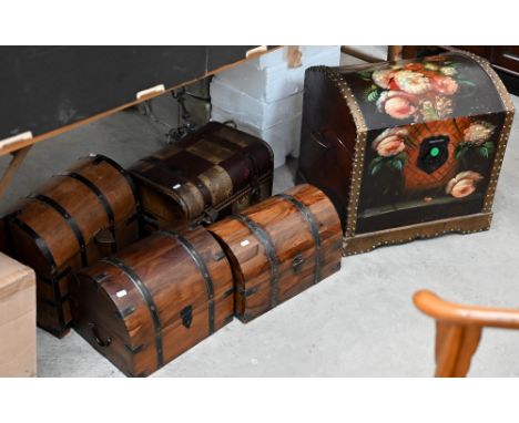 A collection of Asian boxes and chests including a floral painted dome top trunk, jewellery boxes, tray, trinket boxes, Chine