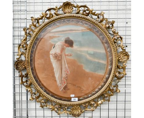 A circular print of seashell gatherer in Florentine-style giltwood frame with acanthus leaf and shell decoration, 70 cm diam 