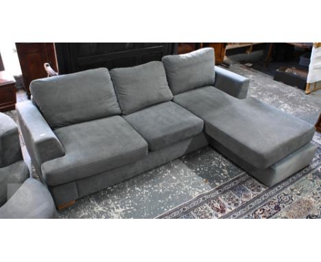 A grey fabric corner chaise sofa, by DFS, 256 cm x 170 cm, a/f, some fading and light staining