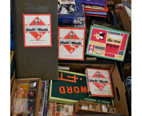 A quantity of vintage games, cigarette cards, newspapers, first day covers etc (box)