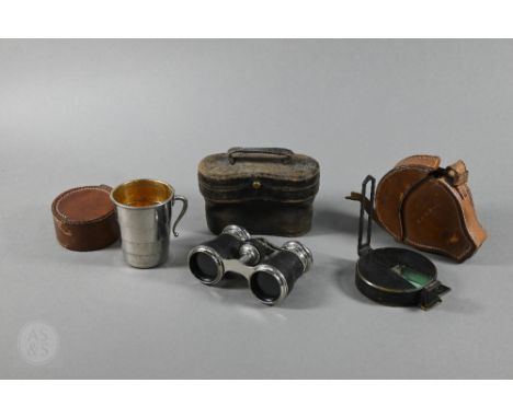 An antique lacquered brass bearing compass in leather case, by Elliot Bros, London, to/w an ep collapsing stirrup cup and a p