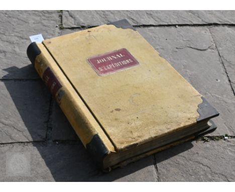A 19th century French large brass and chamois-bound manuscript ledger, listing expenses incurred on a journey and other detai
