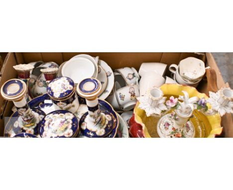 A Victorian Bretby pottery jardiniere, to/w a china dressing table set printed with exotic birds, four Chinese celadon plates