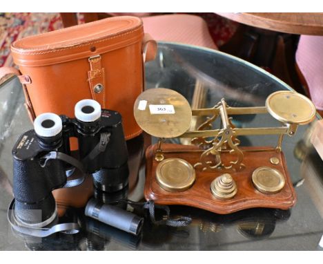 A pair of Japanese Toh Yoh 10 x 50 binoculars in pigskin case to/w a set of brass postage scales with weights, a 5 x 20 mm Go