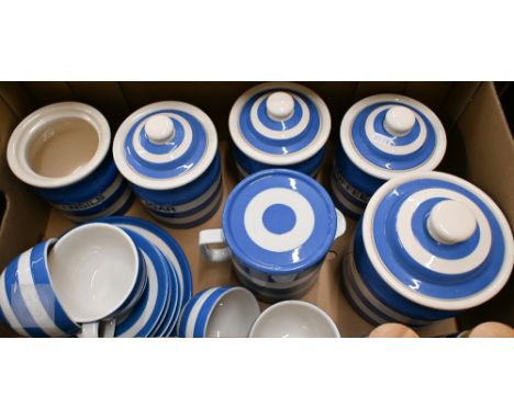 A quantity of TG Green &amp; Co blue-striped Cornish ware, four named jars (box)
