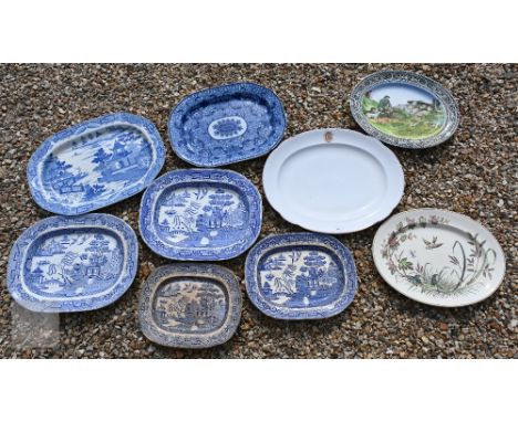 A late Victorian Royal Doulton oval meat dish, printed with Scottish hunting scene, 36 x 44 cm to/w a large meat dish with mo