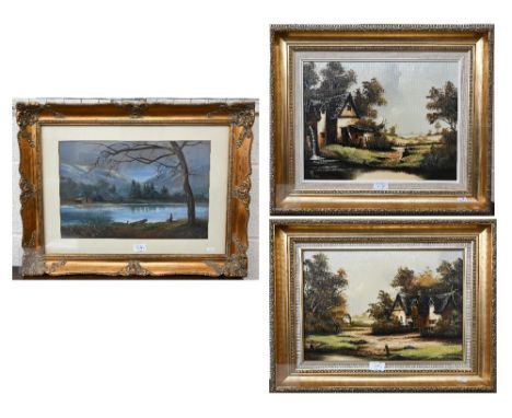 K Hammond - Two rural views, oil on canvas, signed, 29.5 x 39.5 cm to/w Alice Bishop - Continental lake scene, gouache, signe