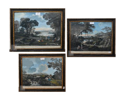 Three engravings by Wm Wilson of old master paintings by George Lambert, Zuccarelli and Claud Lorrain, 31 x 38 cm (3)