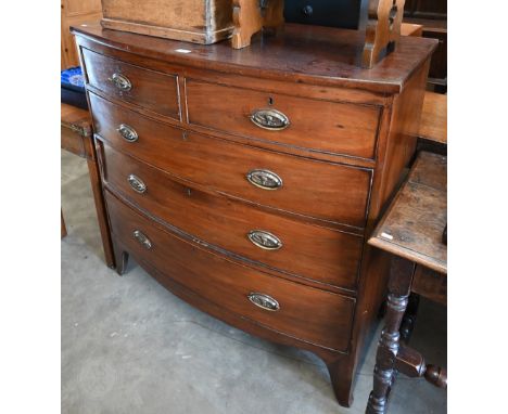A George III mahogany bowfront chest of two short over three long drawers on splayed bracket feet, 104 x 50 x 106 cm high