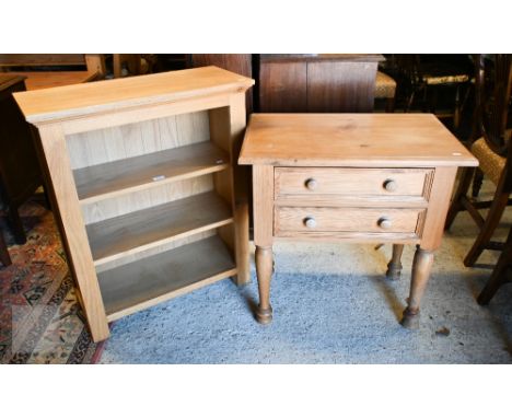 Vintage pine two drawer hall table on turned supports, 68 cm w x 44 cm d x 70 cm h to/w a small modern oak open bookcase 70 c