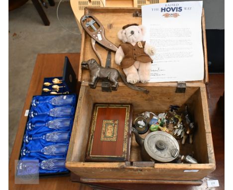 A vintage wooden ditty box and contents including cast metal 'dog' nutcrackers, glass miniature animals etc, to/w a boxed set