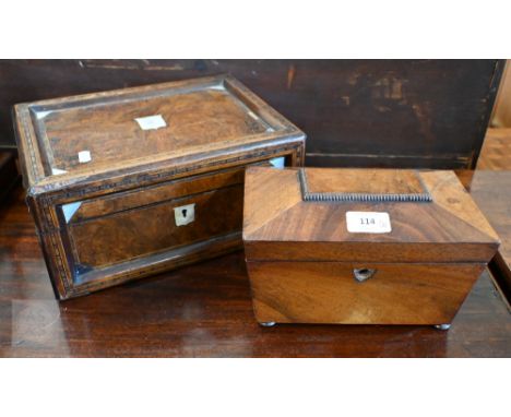 A Victorian mother of pearl inlaid walnut box to/with a Victorian mahogany sarcophagus form two compartment tea caddy contain