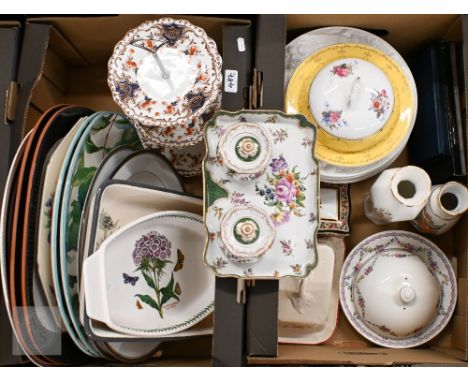 A Dresden floral-painted inkstand with green scale detail and gilding (repaired) to/w two T Goode &amp; Co muffin dishes and 