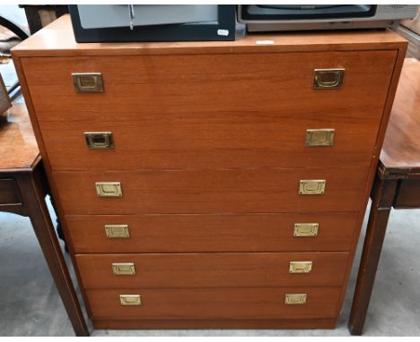 A Danish mid-century teak and brass mounted bureau, the design by Henning Korch c 1960, the fall front drawer panel enclosing