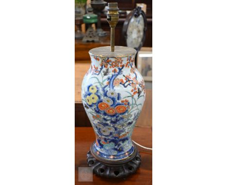 A 19th century Japanese baluster vase with underglaze blue and polychrome enamel decoration (a/f - converted to a lamp) 48 cm