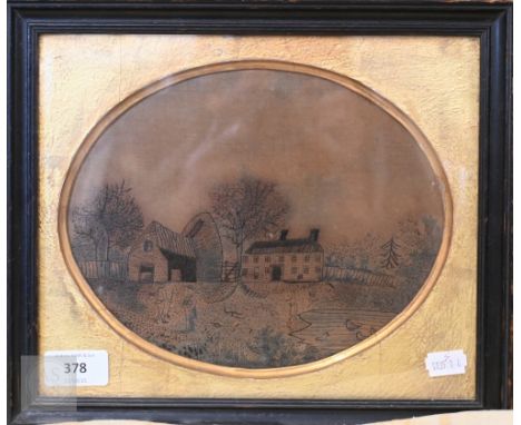 An antique 'folk art' embroidery on silk of a farmstead, 17.5 x 22.5 cm, mounted framed and glazed
