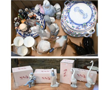 A Spode figure 'Mallard Settling' to/w eight Nao figures (four boxed), a Continental 'Night cap' figural flask with cups, var