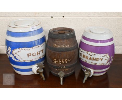Three pottery barrels with brass spigots, for Port, G Brandy &amp; Charles Kinlock Sherry