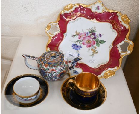 An Alka Kunst 'Meissen Pompadour' shaped square dish, painted with flowers within puce and gilt border, 31 cm wide, to/w a Me