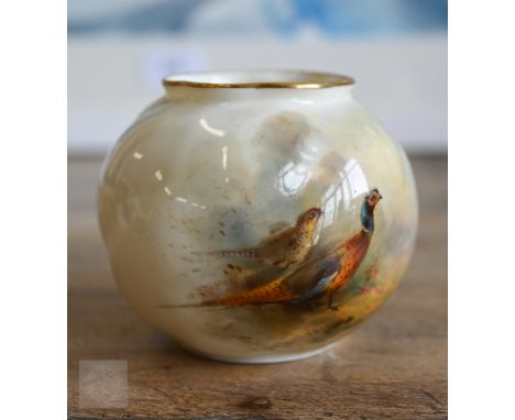 A small Royal Worcester globular vase, painted with pheasants by George Stinton, 1928, 6.5 cm high