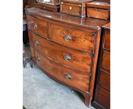 A 19th century mahogany bowfront chest of two short over two long drawers on splayed bracket feet, a/f, 102 x 48 x 88 cm high