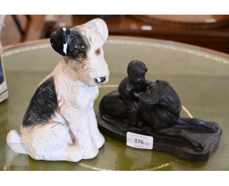 A plaster figure of a terrier 18cm high to/w a cold-cast bronze boy with dog (2) 