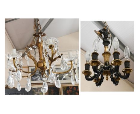 Early 20th century French Empire style bronze and brass six-branch chandelier, approx 35 cm, to/w ornate brass five branch ch