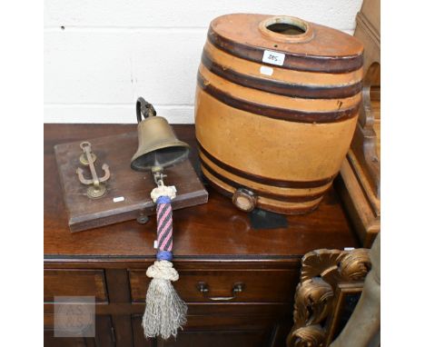 Maritime interest - a vintage brass 'anchor' door knocker and bell with ropework, on teak plaque to/w a large stoneware barre