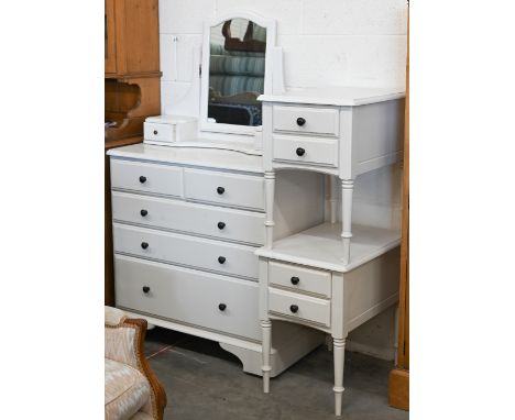 A Ducal painted mirror backed dressing chest, 85 x 45 x 150 cm high to/w a pair of matching two drawer bedside tables, 40 x 5